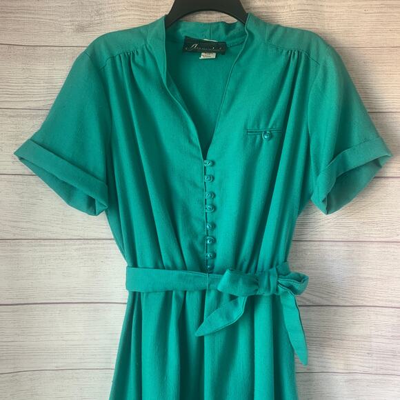 Vintage Germaine Teal Green Dress with Belt Short Sleeves 70s 80s Size 16 - Picture 2 of 14